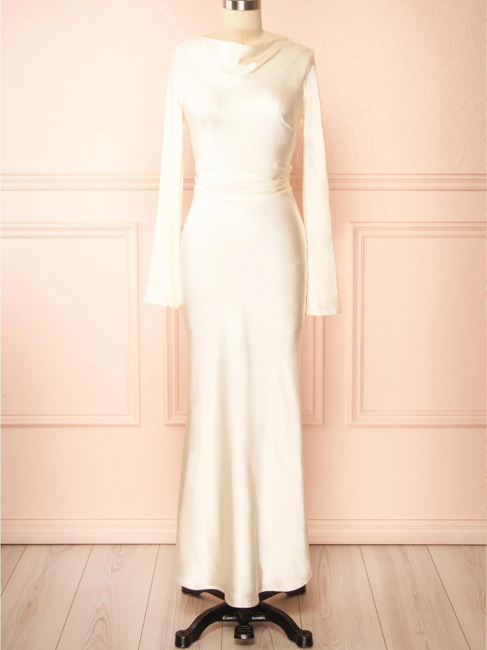 Long-Sleeve Ivory Satin Evening Dress